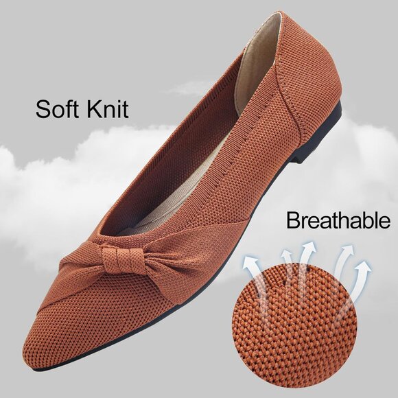 Women's Pointed Toe Knit Brown Flats Comfortable Lightweight Dressy Casual Shoes - Picture 3 of 9